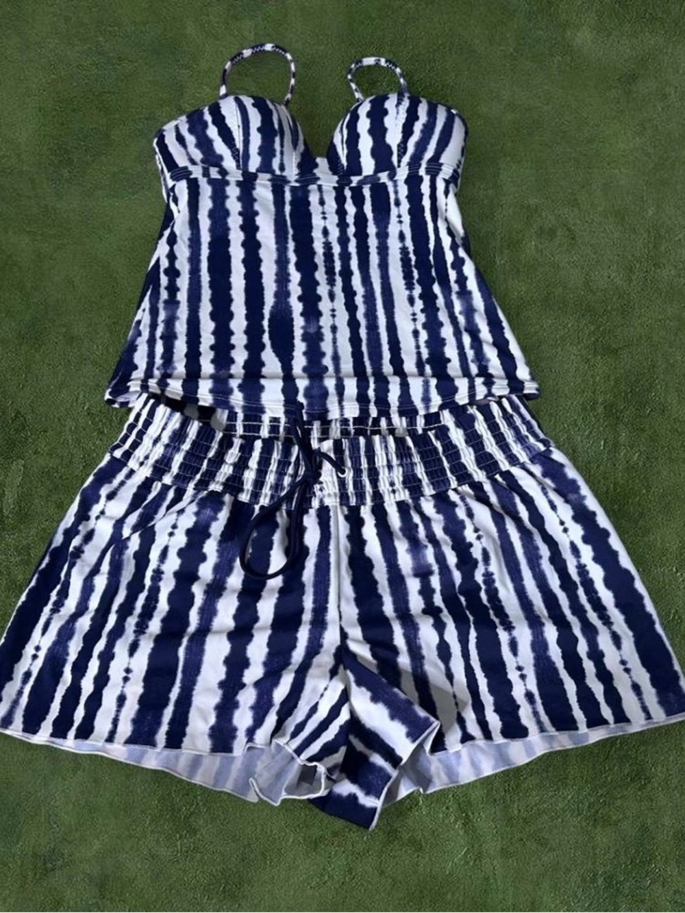 Athleta Navy & White Striped Tankini Top with Matching Swim Shorts